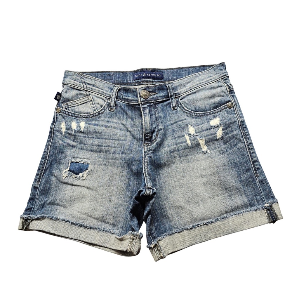 Rock & Republic Bumbershoot Distressed Denim Shorts Womens 4 Blue Cuffed Raw Hem